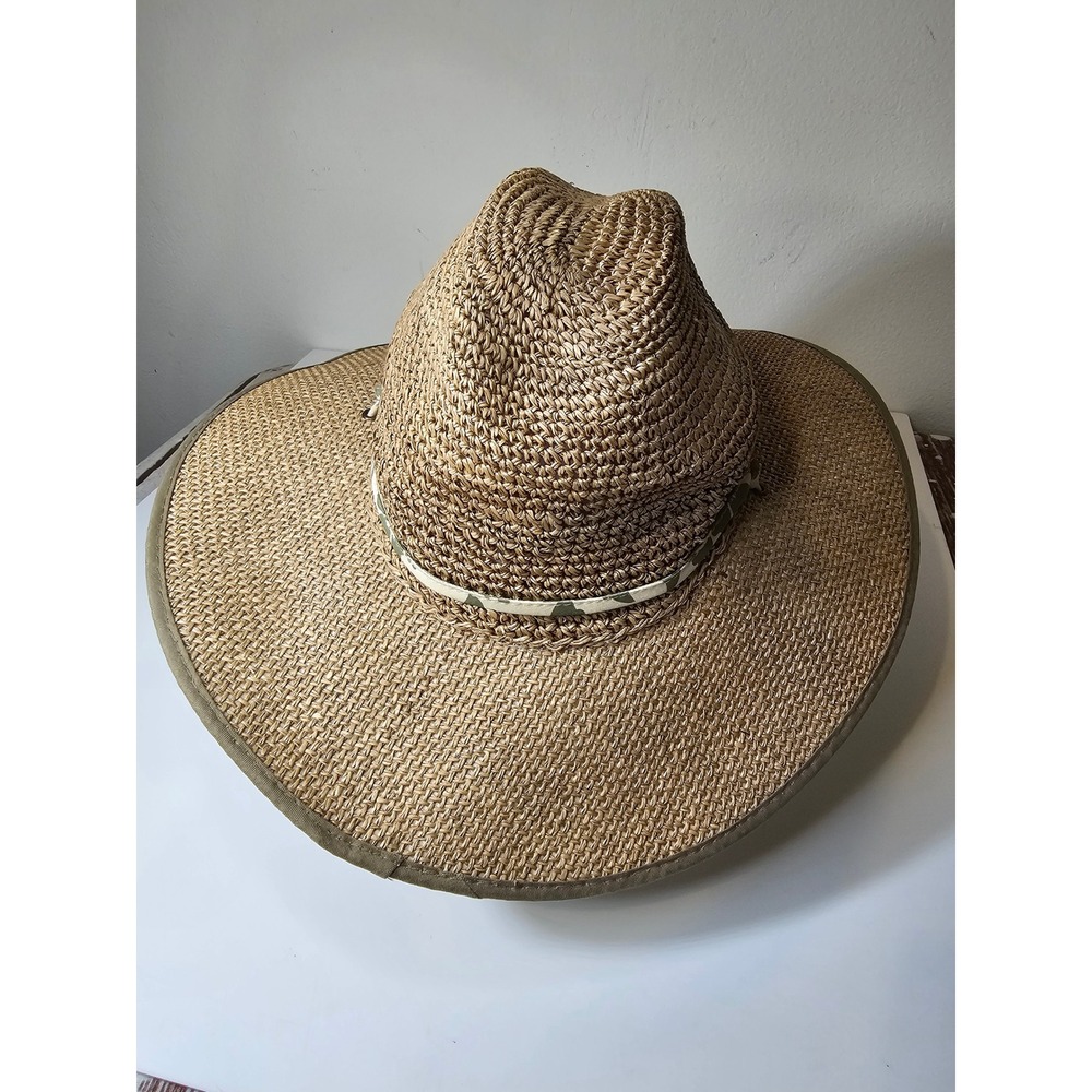 Dorfman Pacific Womens Straw Sun Hat Wide Brim Floral Print Chin Strap Tan Green - Picture 3 of 8